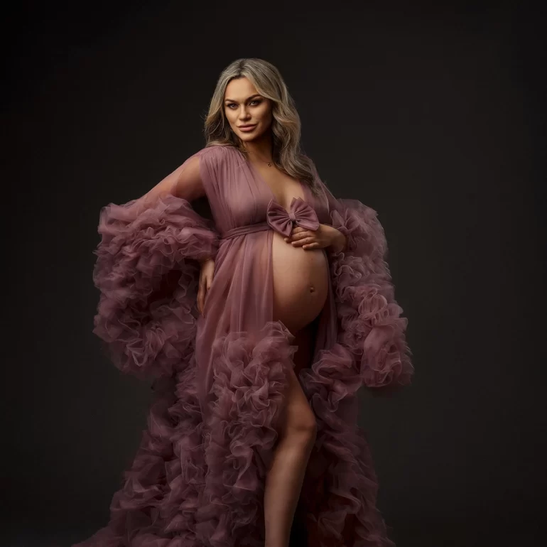 Maternity Photoshoot in North West London 28 Mauve ruffled gown with front bow; barefoot, calm confidence.