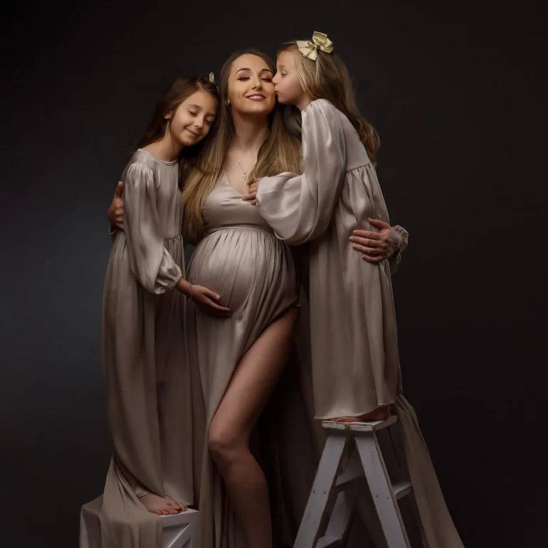 Maternity Photoshoot in North West London 55 Flowing beige gown; mother with two daughters in matching dresses.