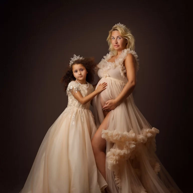Maternity Photoshoot in North West London 67 Mother and daughter in tulle with tiaras; tender bond.