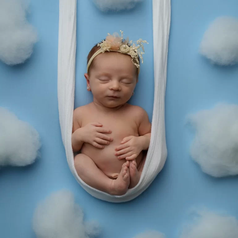 Newborn Photoshoot in North West London 16 Baby in white sling against sky‑blue with clouds; floral headband.