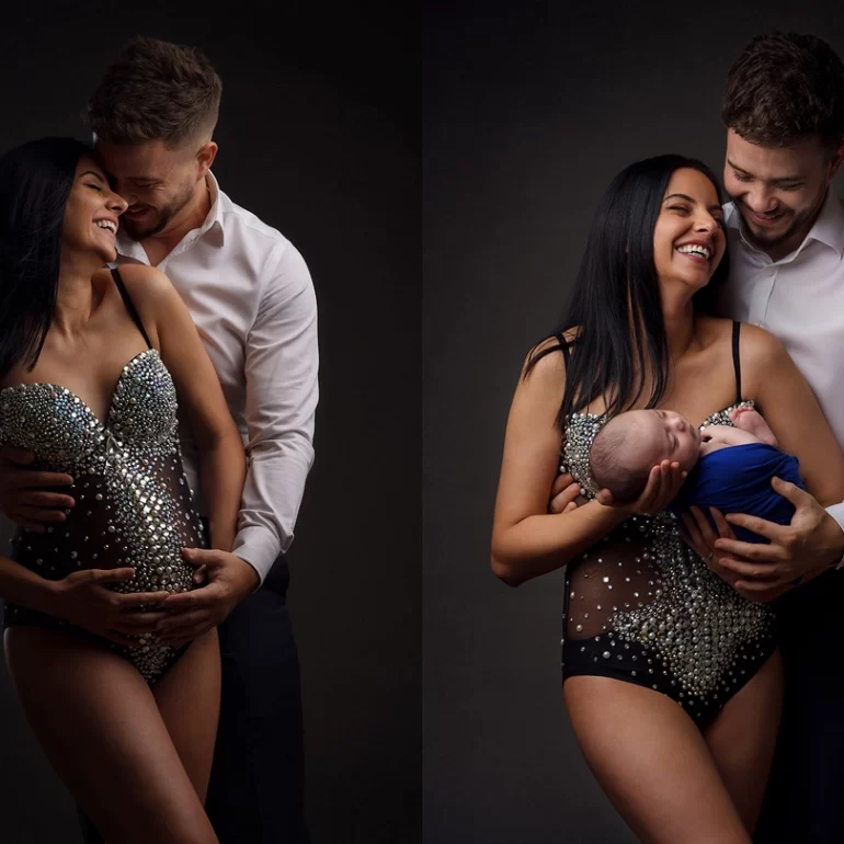 Newborn Photoshoot in North West London 21 Side‑by‑side: maternity embrace and parents holding baby in royal blue swaddle.