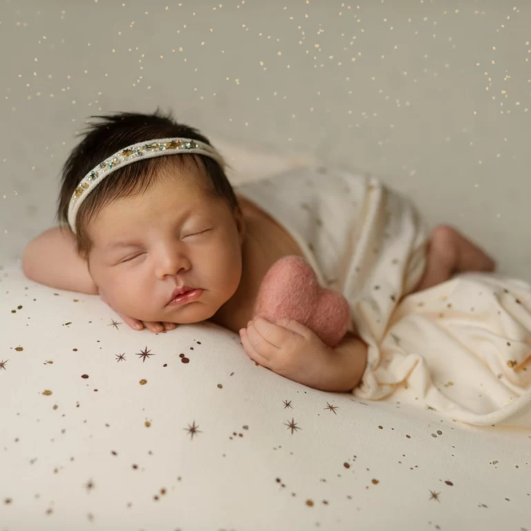 Newborn Photoshoot in North West London 22 Baby on cream stars backdrop with jeweled headband, holding felt heart.