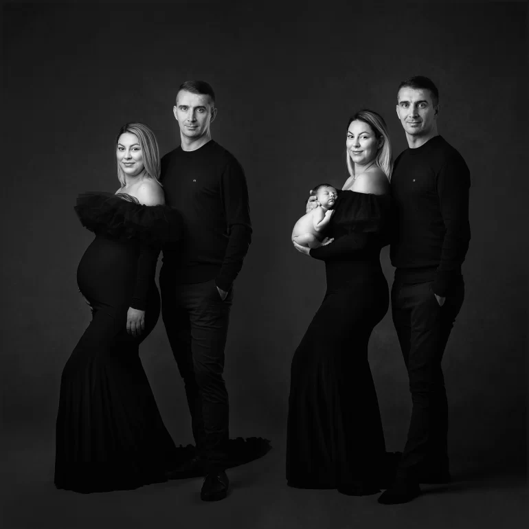 Newborn Photoshoot in North West London 34 B&W diptych: maternity couple and parents with baby; elegant, timeless.