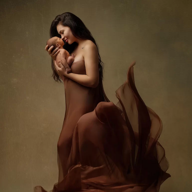Newborn Photoshoot in North West London 7 Mother in sheer earthy fabric holding baby; soft light, intimate mood.