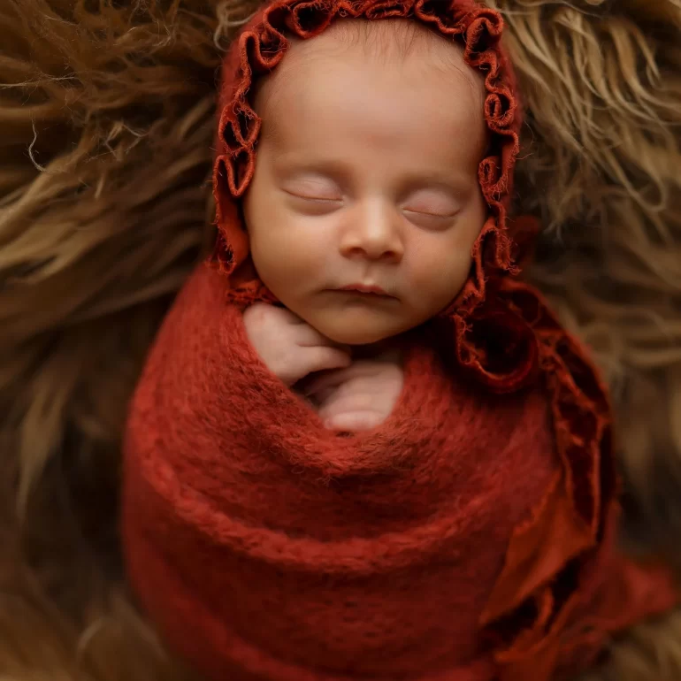 Newborn Photoshoot in North West London 47 Baby in rust wrap with ruffled bonnet asleep on textured brown fur.