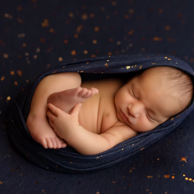 Newborn Photoshoot in North West London 48 Baby in navy swaddle with gold specks on celestial backdrop; dreamy scene.