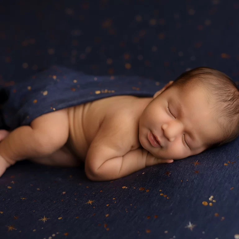 Newborn Photoshoot in North West London 53 Baby on navy fabric with gold/silver stars; lightly draped; celestial feel.