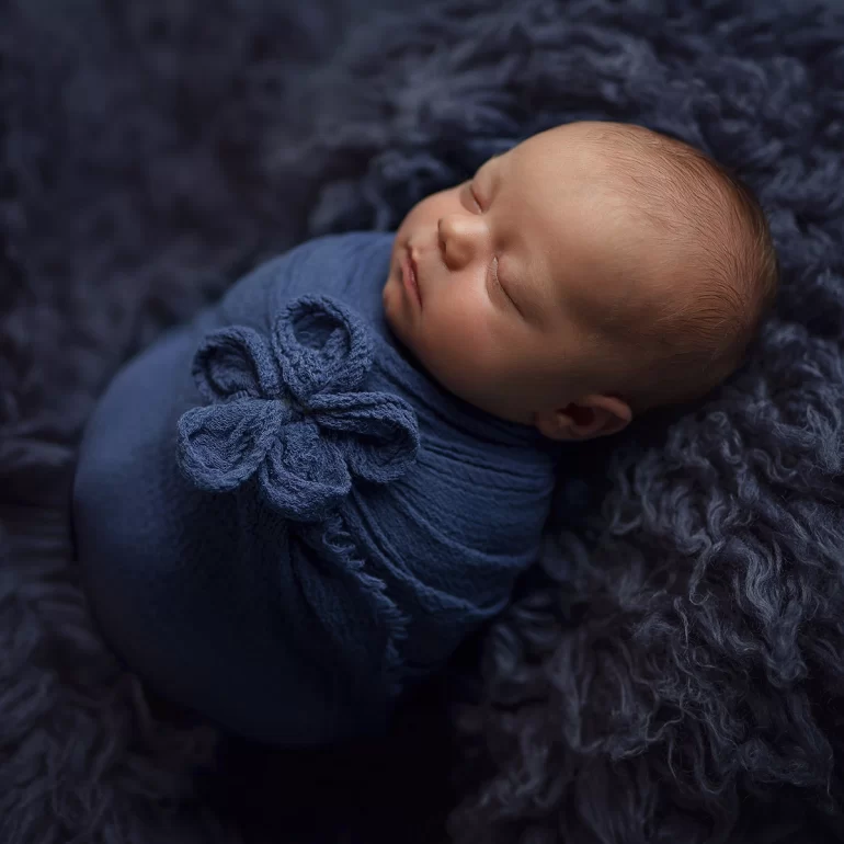 Newborn Photoshoot in North West London 55 Baby in deep blue wrap with fabric flower on plush navy backdrop.