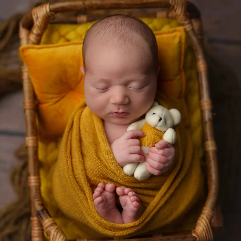 Newborn Photoshoot in North West London 57 Baby in mustard knit nestled in wicker with tiny bear and quilted cushion.