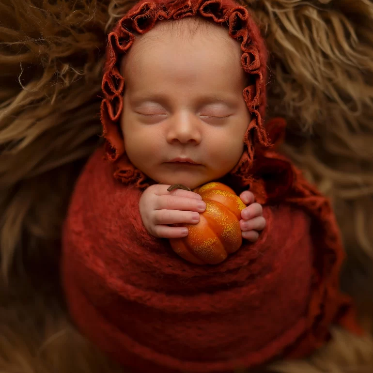 Newborn Photoshoot in North West London 62 Baby in rust wrap with ruffled bonnet holding tiny pumpkin on brown fur.