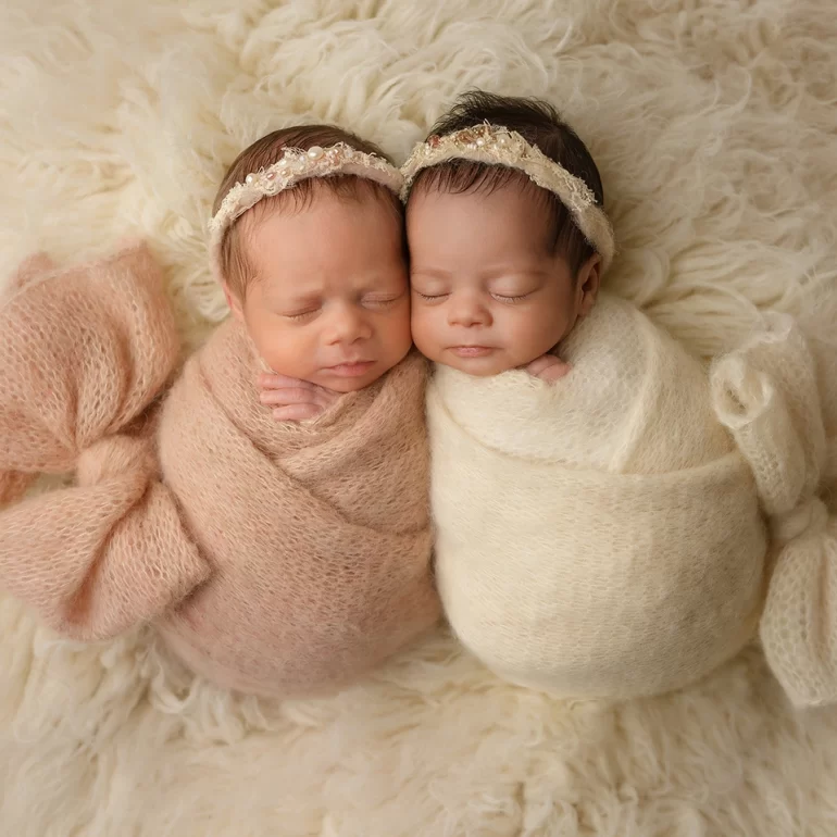 Newborn Photoshoot in North West London 65 Twin girls in blush and ivory mohair wraps with bows and pearl headbands.