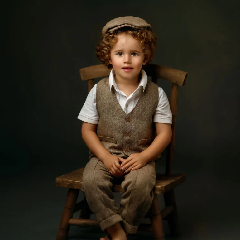 Family & Portrait Photoshoot in North West London 19 Curly‑haired boy in flat cap and tweed vest barefoot on wooden chair; studio portrait.